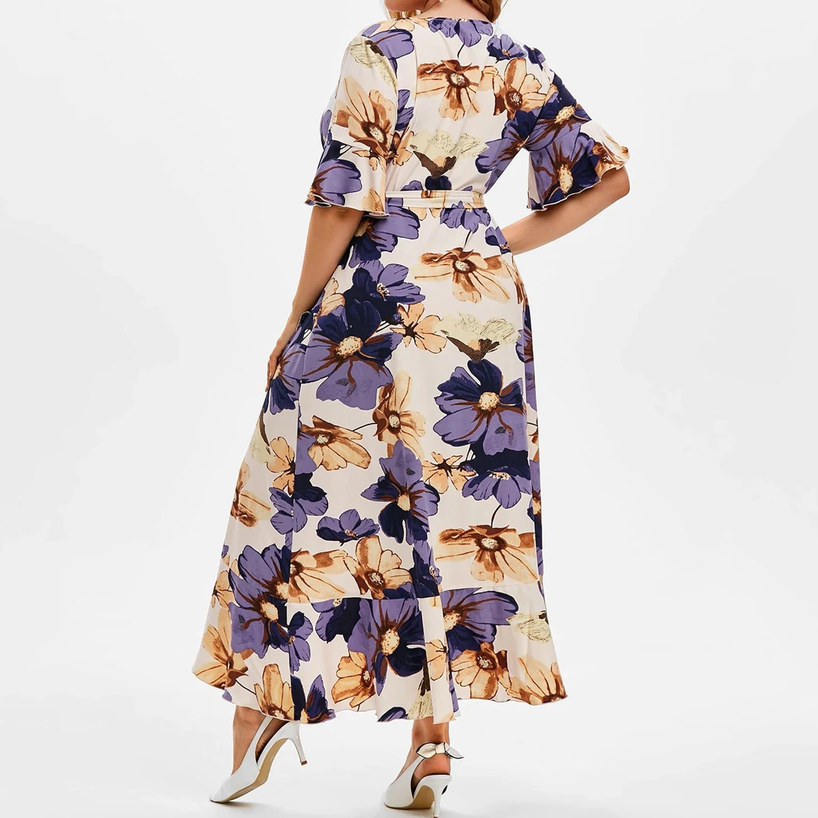 2021 Summer Casual Women Clothes V Neck Print Short Sleeve Ruffle Floral Irregular Dress Plus Size Maxi Long Dresses