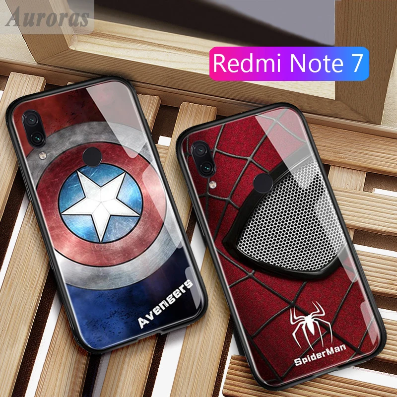 

Auroras Marvel Captain America Iron Man Glass Phone Case For Xiaomi Redmi Note 7 Avengers Spiderman Cover Funda For Redmi Note 7