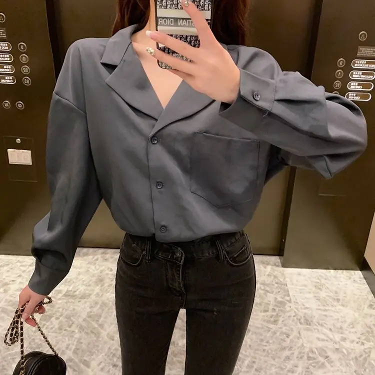 Blusas mujer de moda,, шифоновые блузки для женщин, на пуговицах, с v-образным вырезом, корейская мода, одежда, Винтаж, harajuku, длинный рукав, 7984 50