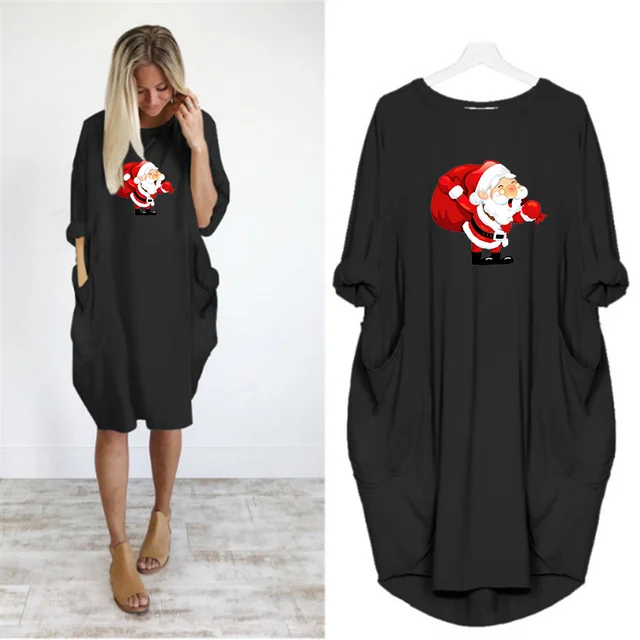 Navidad Women Dress Christmas Pocket Casual Loose Vintage Party Fall Clothes Santa Claus Kawaii Womens  Dresses D002M543 Black