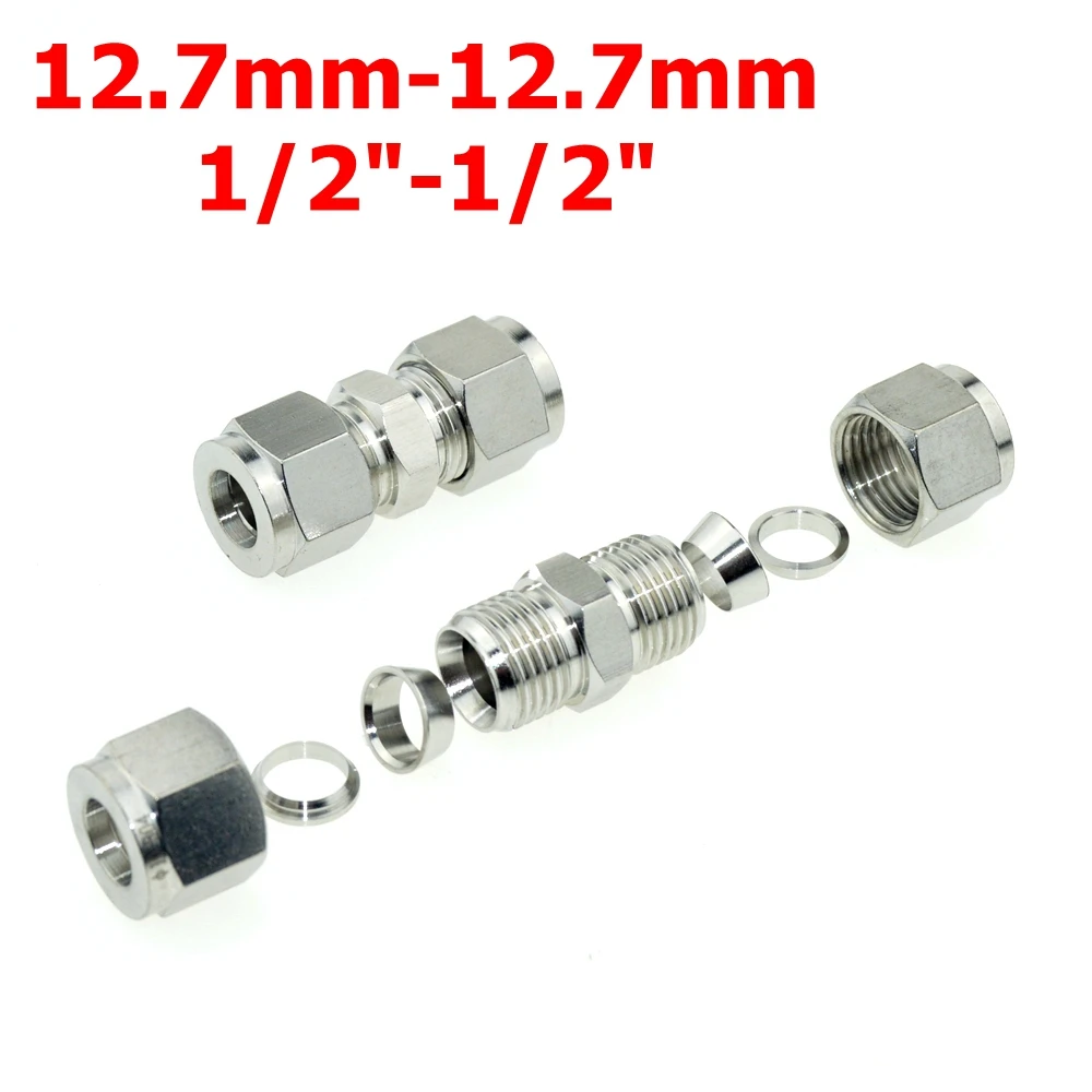 

2Pcs 1/2"-1/2" OD (12.7mm-12.7mm) Double Ferrule Tube Straight Compression Fitting SS Pipe Connector Stainless Steel 304