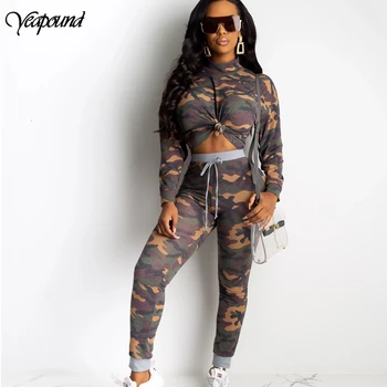 

Women Tracksuits Camouflage Long Sleeve BandageTwo Piece Sets Slim Pullover Top + Long Pants Suits Woman Sportsuits