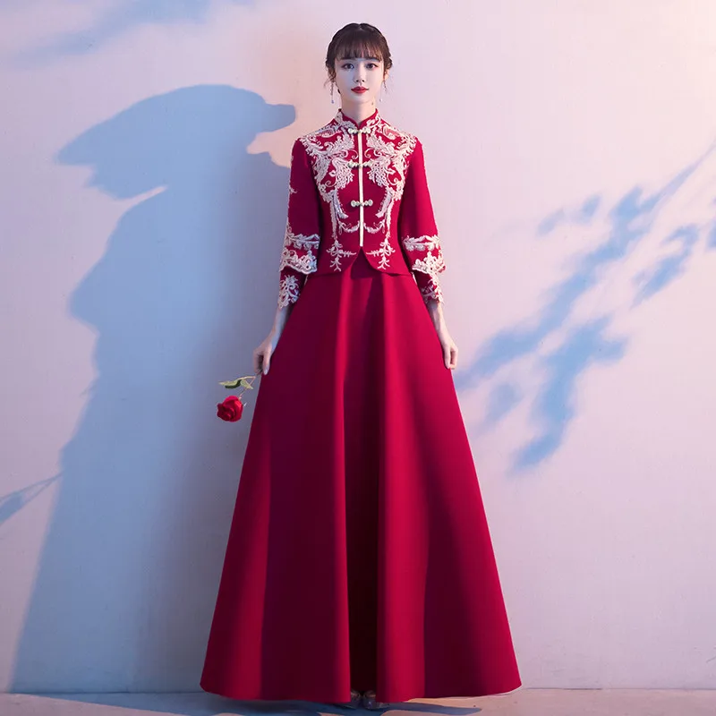 

Burgundy Vintage Improved Chinese Style Cheongsam Elegant Phoenix Embroidery Wedding Dresses Prom Gown Robe De Soiree