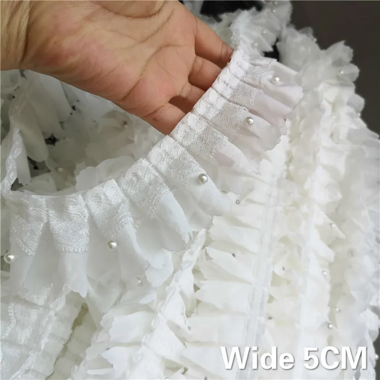 5CM Wide Luxury White 3D Chiffon Lace Beaded Trim Embroidery Ribbon Collar Curtains Wedding Dress Headwear Sewing Applique Decor | Дом и сад