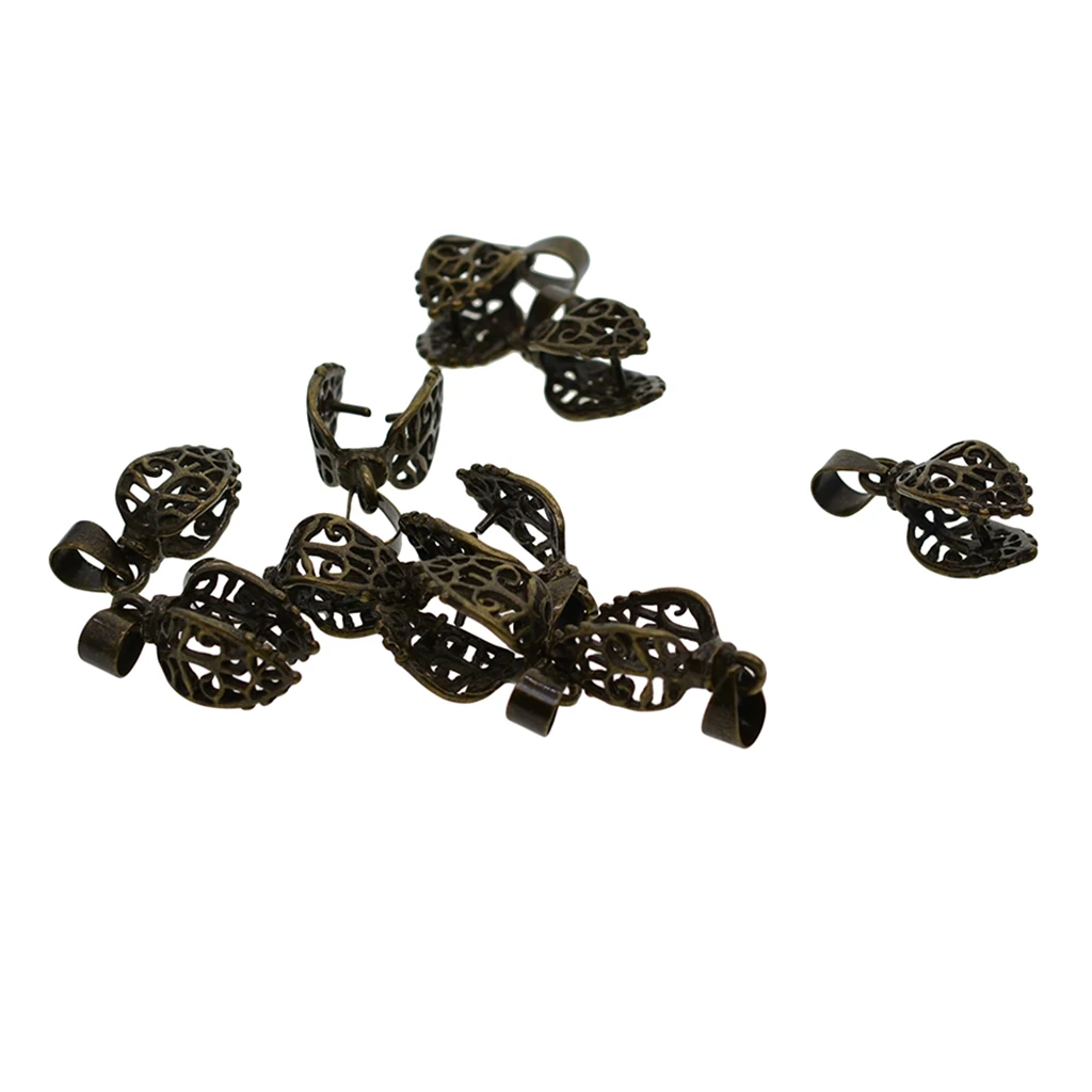 10 Sets 24mm Bronze Filigree Pendant Pinch Clip Bails Connector Clasps Jewelry DIY Findings