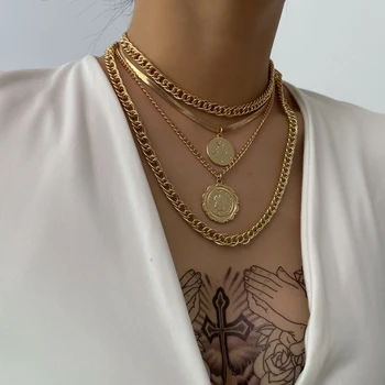 

New Vintage Boho Fashion Multilevel Gold Silver Color Human Head Coin Pendant Necklaces For Women Thick Chain Necklace Jewelry
