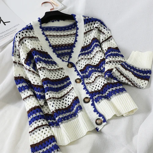 white blue Neploe Контрастный ЦВЕТНОЙ крючок, цветочный вязаный кардиган, длинный рукав, v-образный вырез, полый свитер, пальто, однобортный Трикотаж 54169 - Цвет: white blue