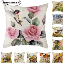 Fuwatacchi льняная наволочка для подушки с цветами и фауной, наволочка для домашнего стула, дивана, декоративные наволочки, милые подушки с изображением птицы