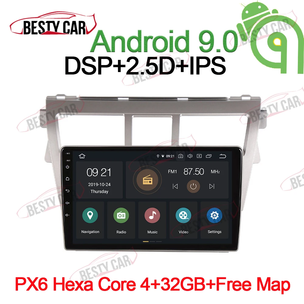 PX6-4-32GB-CarPlay " ips Android 9,0 Автомобильный мультимедийный плеер Авто Радио стерео для Toyota Vios Yaris Belta 2007~ 2013 gps навигация wifi OBD2 DSP - Цвет: PX6-4-32GB-CarPlay