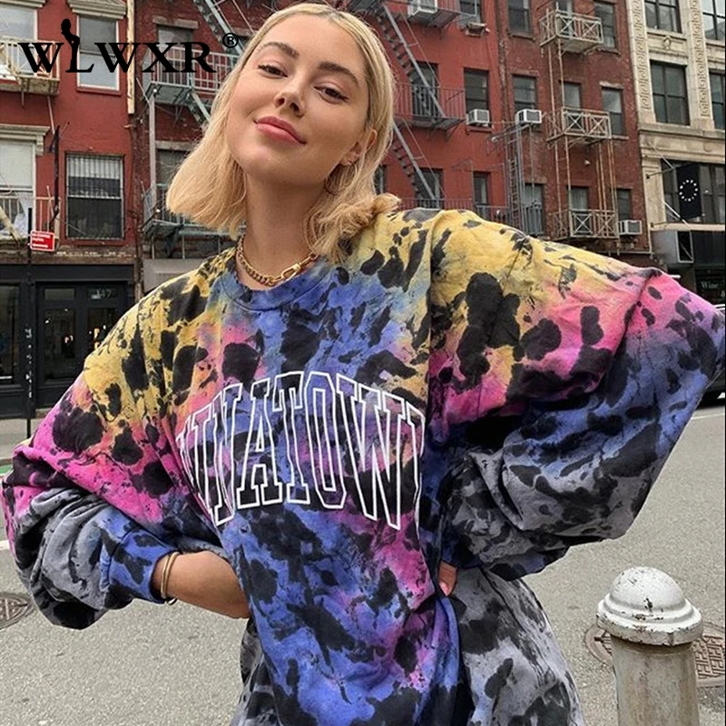 FQLWL с буквенным принтом негабаритный свитер для женщин топы галстук краситель