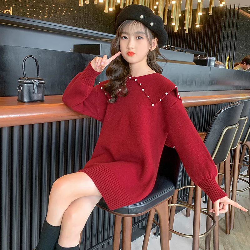 

Kids Girls Sweaters Dress Kids Knitted Long Pullovers Thick Warm Cashmere Sweaters Teenager Knit Bottoming Children Outfit 4-14Y