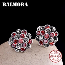 BALMORA Настоящее серебро 925 пробы, красные цирконовые серьги-клипсы для женщин, подарок для матери и любимой, Ретро цветок, модные украшения Brincos