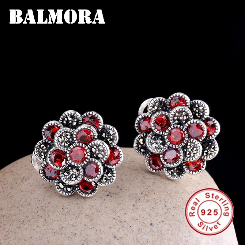 Женские серьги зажим BALMORA из 100% настоящего серебра 925 пробы красный циркониевый