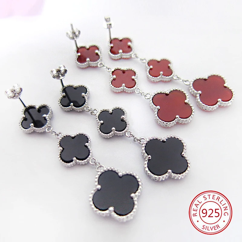 

S925 sterling silver earrings four-leaf clover female peacock green white fritillary Korean version simple Christmas gifts 2019