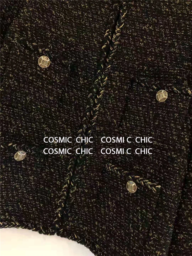 Cosmicchic, женское осеннее Элегантное Черное короткое пальто, роскошная шерстяная твидовая куртка с длинным рукавом, золотая нить, плетение, OL, Женская куртка