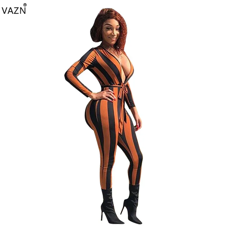VAZN Осень Высокое качество высокое качество сексуальный дизайн женские комбинезоны ретро глубокий v-образный вырез длинный рукав тощий длинный комбинезон MZ8164