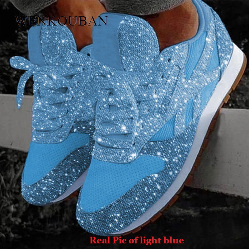 lightblue Женские кроссовки; сезон осень; Новинка; Повседневная обувь; женская обувь из вулканизированной кожи на шнуровке, расшитая блестками; Basket Femme tenis feminino Zapatos De Mujer - Цвет: lightblue