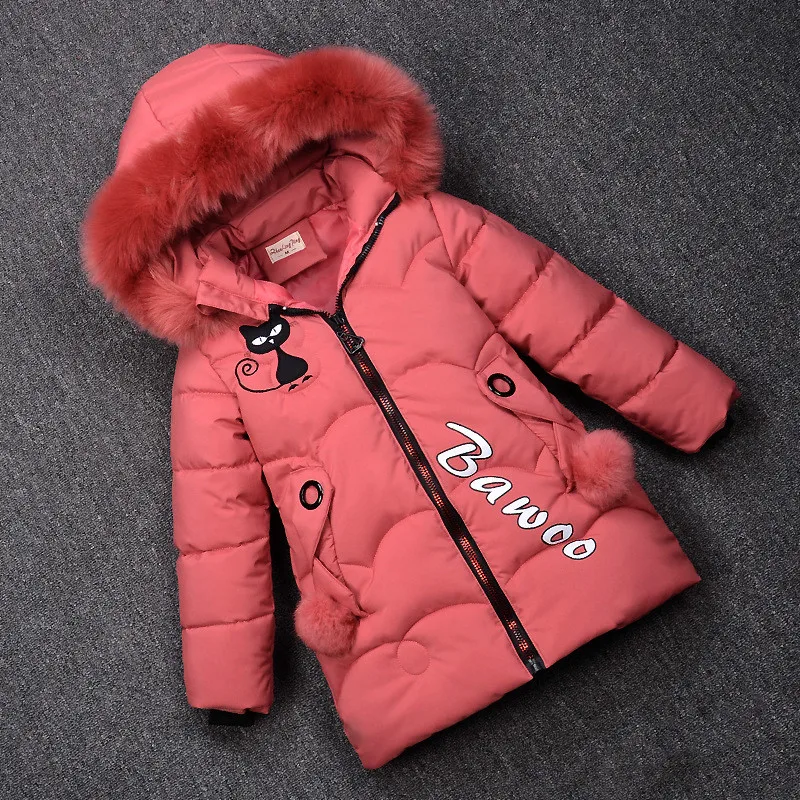 Г. Зимняя куртка для девочек; зимняя одежда; Детские теплые пальто; одежда для малышей с вышивкой в виде кота; детские куртки с капюшоном; парки для девочек; верхняя одежда - Цвет: Розовый