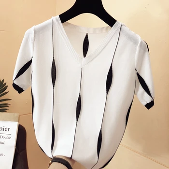 Women Spring Summer Style Knitted Sweater Pullovers Lady Casual patchwork Color V-Neck Short Sleeve pink Pullovers Knitwear Tops 1
