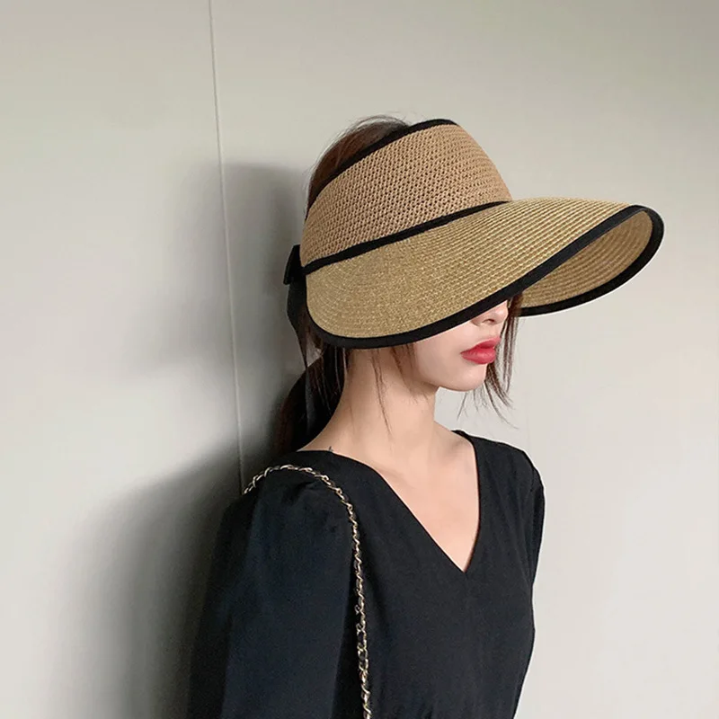 Summer Adjustable Ribbon Empty Top Straw Hats For Women Foldable Wide Large Brim Beach Hat Chapeau Femmeuv Protection Cap