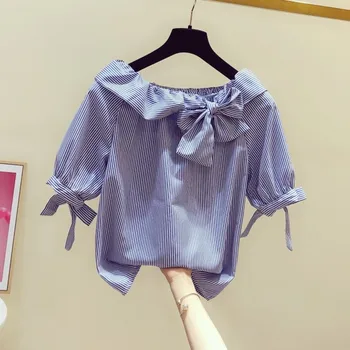 

2020 Summer Stripe Blouses Womens Slash Neck Bow Lace-up Short Sleeve Striped Shirt Lady Casual Fashion Shirt Blusas Blusa
