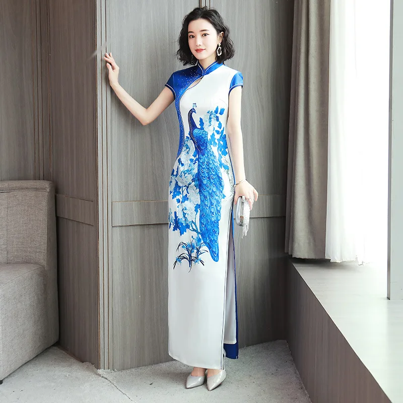 Синий белый павлин печати стразы Qipao Китайский Свадебный банкет вечернее платье