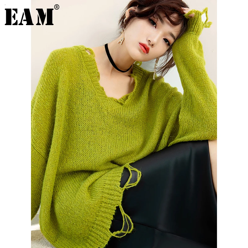 

[EAM] Green Oversized Hollow Out Knitting Sweater Loose Fit Round Neck Long Sleeve Women New Fashion Autumn Winter 2019 1D412