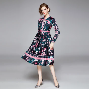 

2020 Europe And America WOMEN'S Dress Bow of LED Long Sleeve Waist Hugging Pleated Printed Base Dress