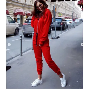 

Solid Color Casual Hooded Jumpsuits Autumn Fashion Long Sleeve Zipper Jumpsuit Women Tracksuit