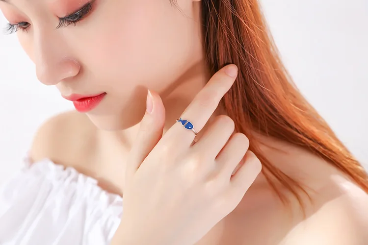 DreamySky,, настоящее 925 пробы, серебряные, синие кольца с рыбками для женщин, большие античные кольца, ювелирные изделия на палец, высокое качество