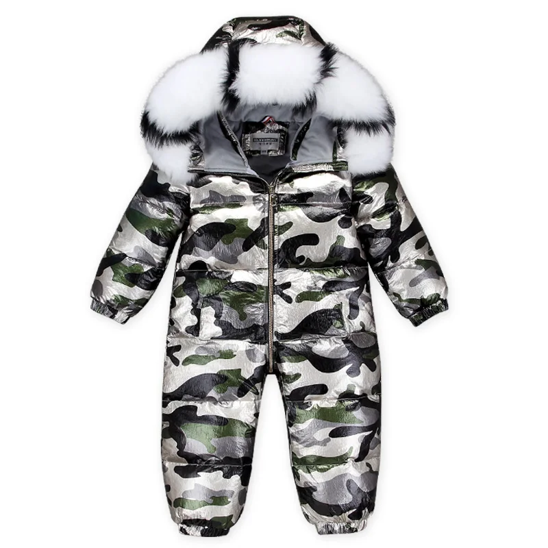 Camouflage-1 Реальной меховой воротник детская одежда зимнее пуховое пальто для маленьких девочек и мальчиков; теплый спортивный костюм; Верхняя одежда для детей, зимняя-30 градусов детей плотный Снежный комбинезон - Цвет: Camouflage-1