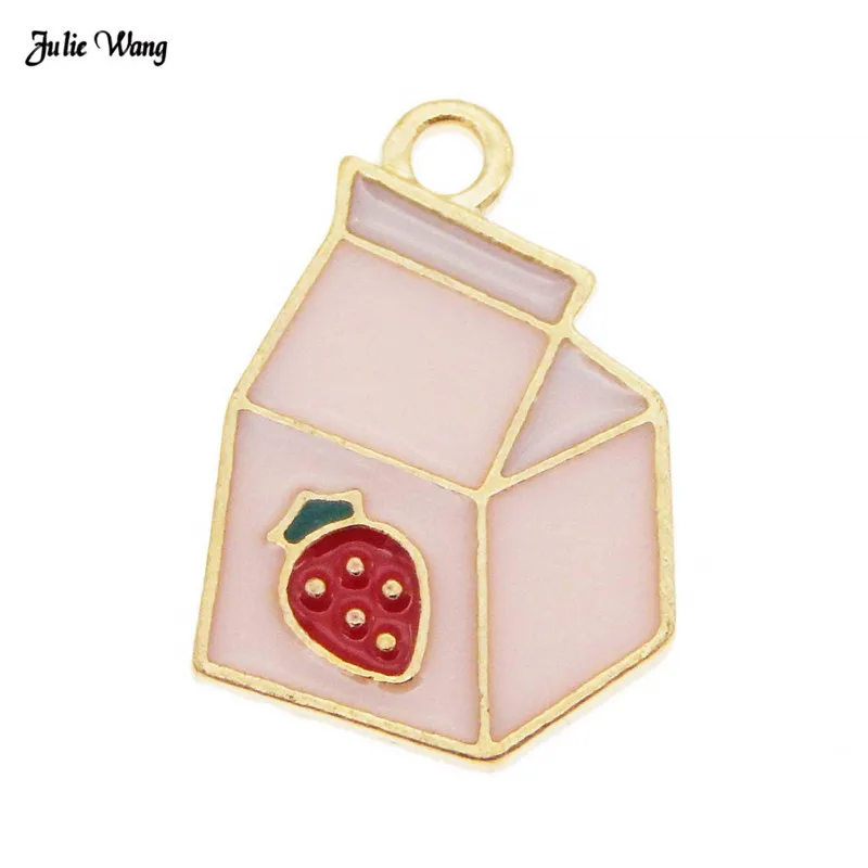

Julie Wang 5pcs 10pcs Alloy Enamel Pink Strawberry Milk Carton Charms For Women Bracelet Earrings Pendant DIY Accessory 19*13mm