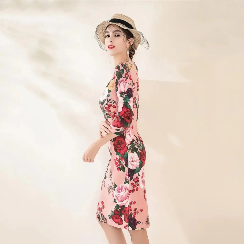 Truevoker весенние дизайнерские Романтический Robe Ete Для женщин High End розового цвета с цветочным принтом по колено карандаш вечерние платья