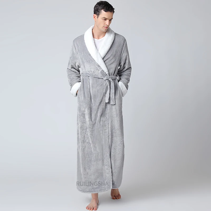 mens pyjama tops Men Winter Extra Long Warm Flannel Bathrobe Plus Size Coral Fleece Kimono Robes for Women Hooded Long Sleeve Bath Robe Sleepwear mens silk pajama set Men's Sleep & Lounge