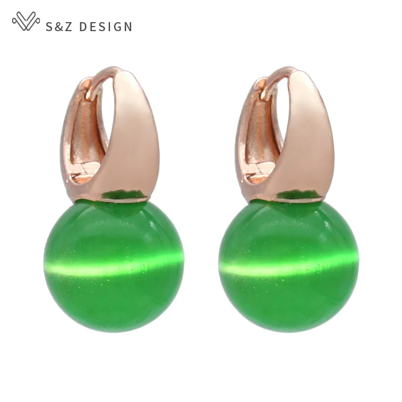 S&Z DESIGN New Fashion Round Cat's Eye Opals Beads Dangle Earrings For Women Wedding Rose Gold Color Jewelry