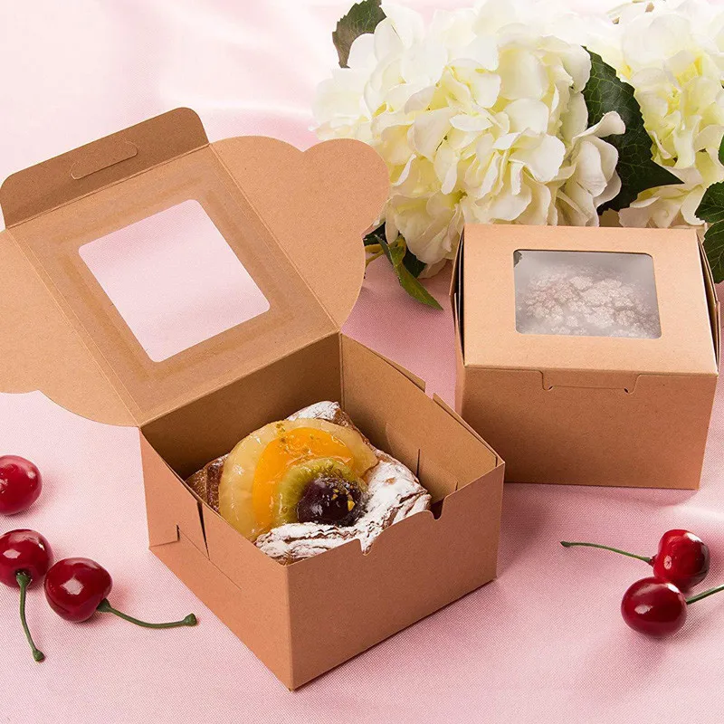 100 Teile/los 3 Größe Kraft Papier Kuchen Box Mit Fenster Geschenk Verpackung Für Hochzeit Home Party Weiß Braun Kraft Papier Box großhandel – Detail 3