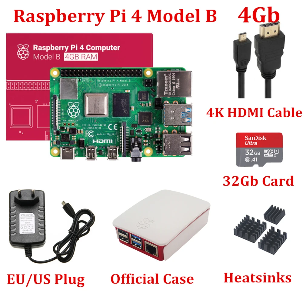 Новый Raspberry Pi 4 Model B Гб ОЗУ с официальным чехол 32 ГБ карта радиаторы 4K HDMI кабель 5V3A