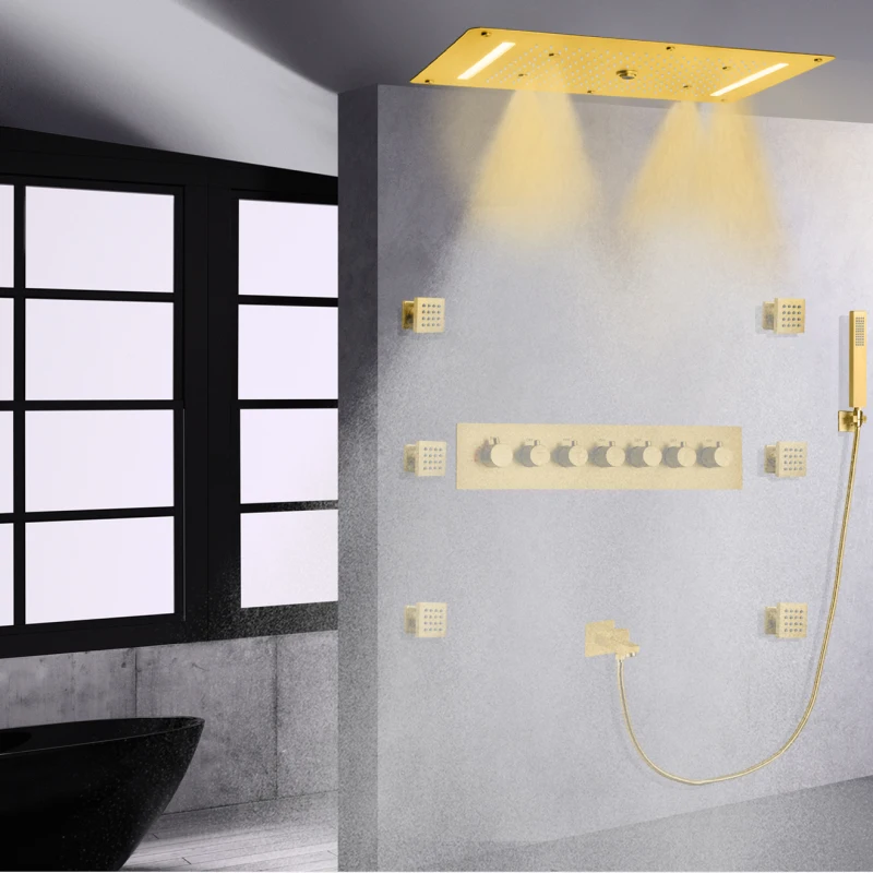 

Brushed Gold Shower Mixer Set 70X38 CM LED Bathroom Multifunction Rainfall Concealed Shower System With Hand-Held Nozzle