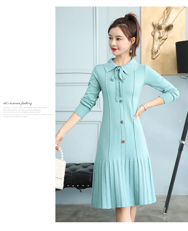 Bowknot Women Knit Dress Turn Down Pleated Hem Midi Knit Dress Korean Sweet Elegant Slimming Autumn Winter Women Dress