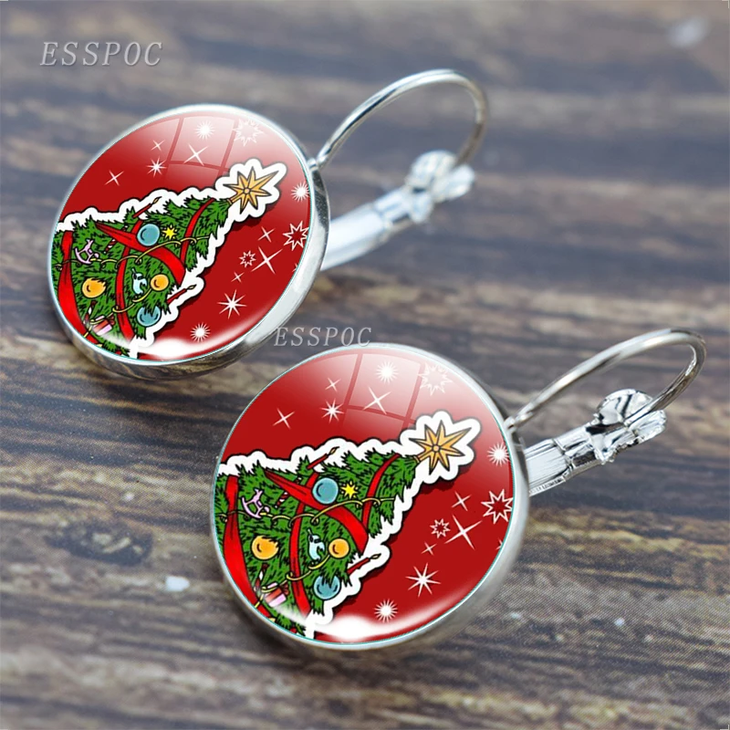 

Christmas Santa Claus Hoop Earrings Christmas Tree Snowman Glass Cabochon Silver Plated Earrings Creative DIY Earrings For Women
