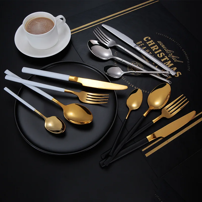 

304 Stainless Steel Titanium Gold Matte Tableware Knife, Fork And Spoon Four-piece Set Western Food Steak Hotel Portable Gift Bo