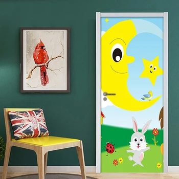 

Cartoon Moon Stars Children Room Boy Girl Bedroom Door Sticker Mural 3D PVC Waterproof Self-adhesive Door Wallpaper Wall Decals