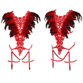 

Angel Wings Red Feather Epaulettes Lace Harness Bra Steampunk Shoulder Festival Rave BurningMan Wedding Full Body Harness Set