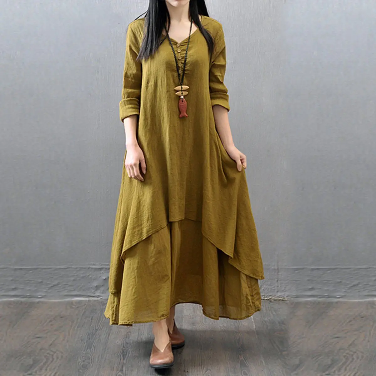 Ретро Весна Boho женское V Nekc крестьянское этническое хлопковое льняное Повседневное платье макси с длинными рукавами на пуговицах Несимметричное длинное платье хит