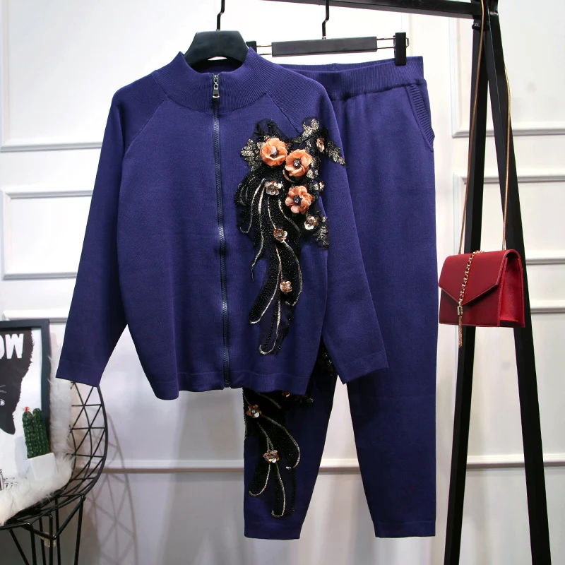Зимняя одежда с цветочной вышивкой и блестками, спортивный костюм, женская вязаная водолазка, кардиганы, свитер+ эластичные штаны, костюм, повседневный комплект из 2 предметов - Цвет: purple