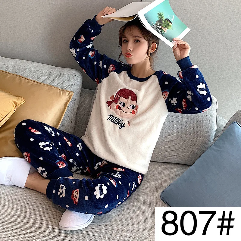 

807 # Winter Pajamas Women's Flannel Long-sleeve Suit Cartoon Little Princess Lettered Coral Velvet GIRL'S M -Xl