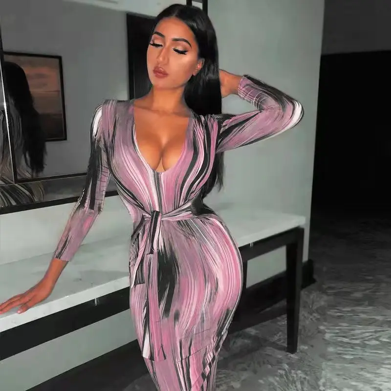 

2021 Autumn New Female Printed Long Sleeve V-Neck Dress Ladies Splice Fashion Blended Slim With Sashes Maxi Dress Vestidos Women