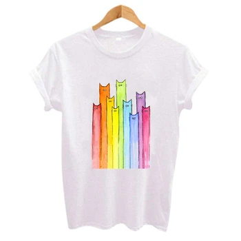 

Cute Colorful Long neck Cat printed Women t shirt Casual White Tee Tops Short sleeve O-neck Tee Shirt Femme