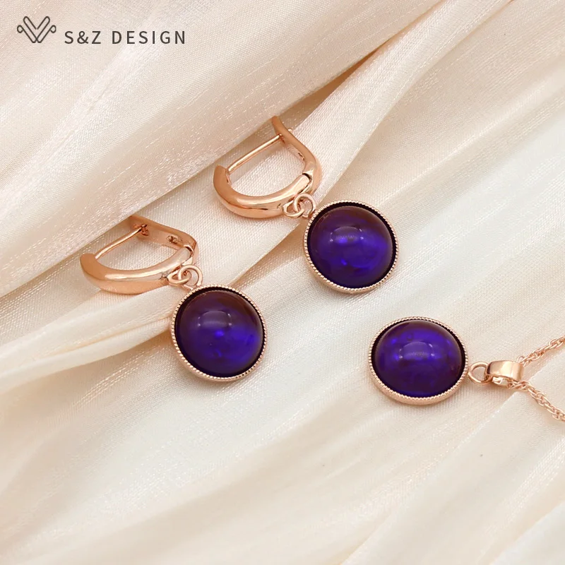 S&Z DESIGN New Fashion Round Dangle Earrings Jewelry Sets For Women Party 585 Rose Gold Color Pendant Necklace