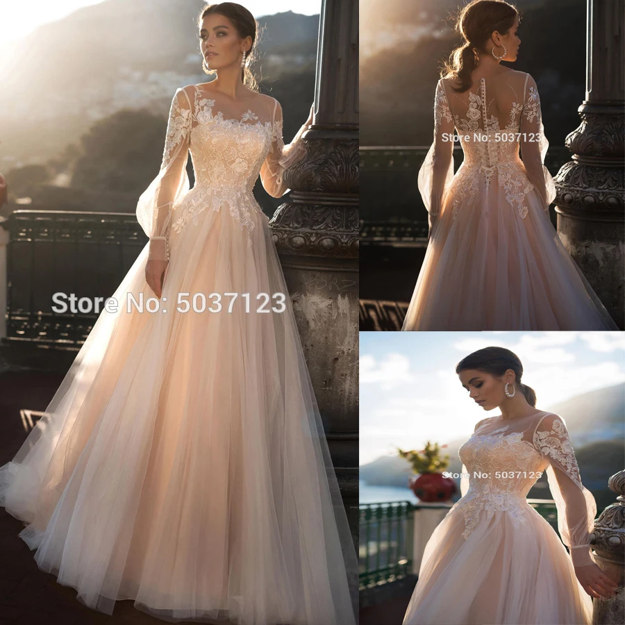 Трапециевидные Свадебные платья Vestido De Noiva Mariage, пляжные Длинные Пышные Рукава, кружевные аппликации, кружевные пуговицы, свадебные платья